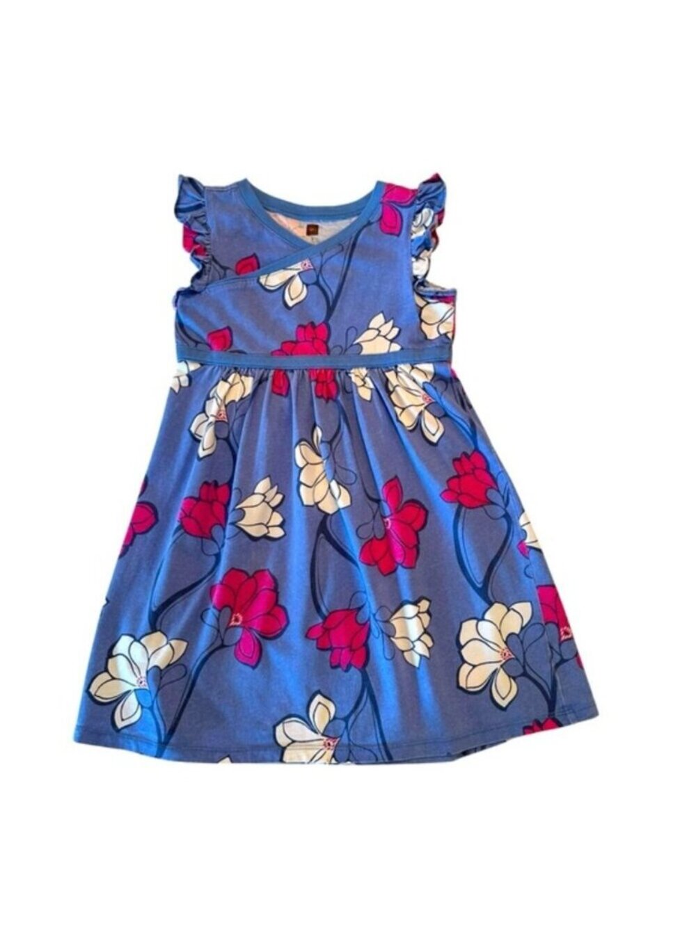 Tea Collection | Little Girl Blue & Pink Floral Faux Wrap Dress Size 7